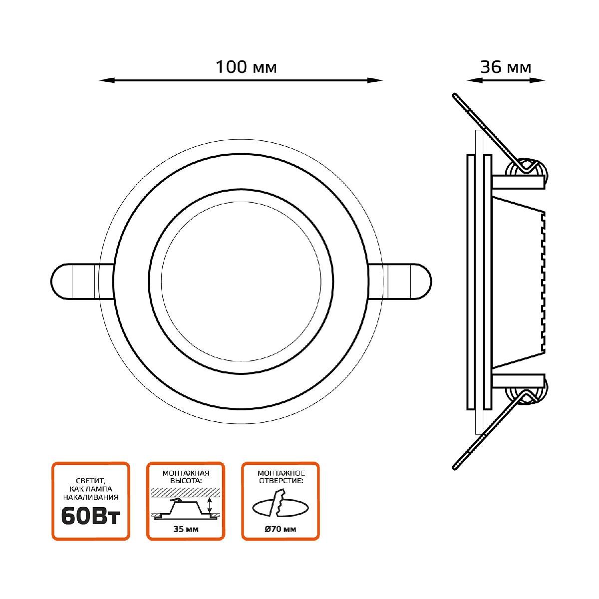 Светильник Gauss Glass круг 6W 450lm 3000K 185-265V IP20 монт Ø80 100*36 с  дек стеклом LED 1/10/40 цвет Многоцветный купить в Москве по цене 559  рублей в интернет-магазине «Описвет»