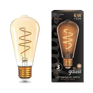 Лампа Gauss Filament ST64 6W 360lm 2400К Е27 golden flexible LED 1/10/40