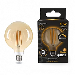Лампа Gauss Filament G125 10W 820lm 2400К Е27 golden диммируемая LED 1/20