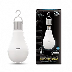 Лампа Gauss A60 7W 470lm 4100K E27 с Li-Ion аккумулятором LED 1/10/60