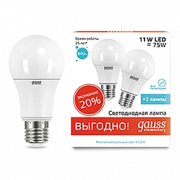 Лампа Gauss Elementary A60 11W 840lm 4100K E27 (2 лампы в упаковке) LED 1/50