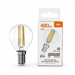 Лампа Gauss Basic Filament Шар 4W 480lm 3000K E14 LED 1/10/50