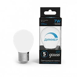 Лампа Gauss Шар 7W 590lm 6500К E27 диммируемая LED 1/10/100
